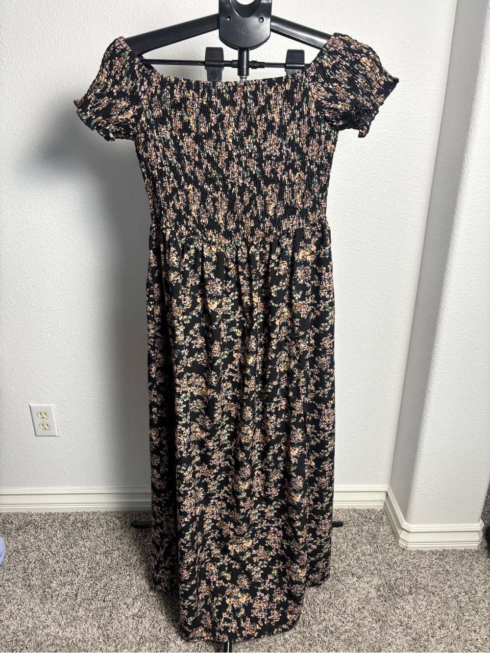 SHEIN Black Floral Smocked Maxi Dress with Pink & Cream Blooms